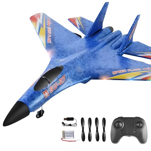 OpenRC – RC ferngesteuertes Flugzeug SU-27 – Funkgesteuertes Kampfflugzeug – Geschenkidee Spielzeug für Kinder, Jungen und Mädchen – Propeller-Akkuladegerät – Indoor Outdoor Anfänger – Lichteffekt-Seg von OpenRC