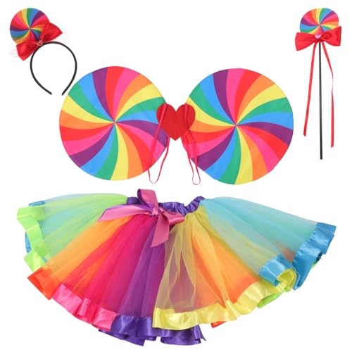 Operitacx Kinder-Lutscher-Kostüm-Set Regenbogen-Candy-Flügel-Rock Stirnband Mädchen-Fee-Flügel Candyland-Anzieh-Requisiten Für Maskerade Cosplay Partyzubehör von Operitacx