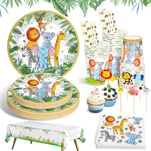 Ophy 134 Stück Dschungel Safari Partygeschirr Set, Grün Einweggeschirr Set für 25 Gäste Papier Teller Tassen Servietten Strohhalme, Kindergeburtstag Geburtstag Deko Wild One Partyzubehör Babyparty Set von Ophy