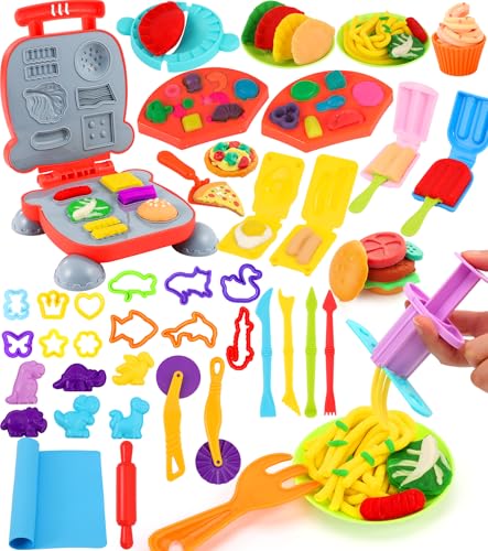 Ophy Knete Zubehör - 48 Stück Knete Set Gehören Hamburger-Maker, Knete-Werkzeuge, Eismaschine, Nudeln, Pizza Knetwerkzeug für Kinder Küchenspielzeug Kitchen Creations Spielzeug Geschenk Mädchen Junge von Ophy