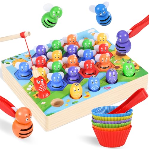 Ophy Holz Montessori Spielzeug - Clip Biene Brettspiele Mit Passenden Bechern Und Pinzetten Mathe Lernspielzeug Kinder Vorschule Farben Sortier Stapelspielzeug Mit Angelspiel Vektor 4Seasons von Ophy