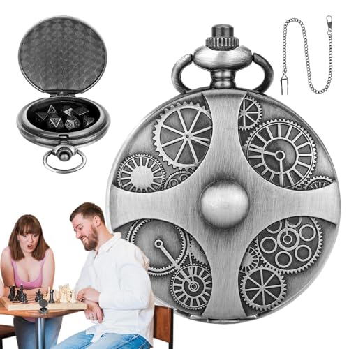 Taschenuhr-Würfel – Tragbare Würfel-Halskette, Polyedrisches Würfel-Set | Steampunk-Taschenuhrengehäuse Mit Handgeschnitztem Und Poliertem Design, Reise-Würfelspielset Für Familientreffen Im Innenbere von Opilroyn