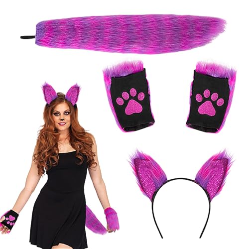 Tierohren und Wolfsschwanz Set, Halloween Tier Cosplay Set, Krallenhandschuhe Set für Erwachsene Halloween Party Kostüm Spielzeug für Mädchen von Opilroyn