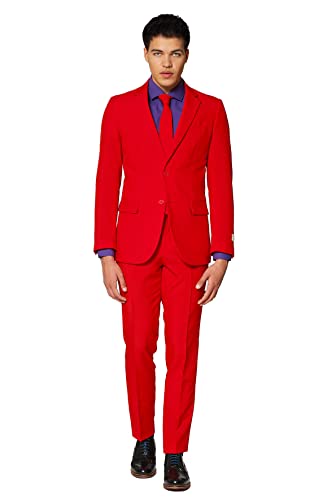 OppoSuits Modisch Party Einfarbige Anzüge für Herren - Mit Jackett, Hose und Krawatte, Rot (Red Devil), 62 EU von OppoSuits