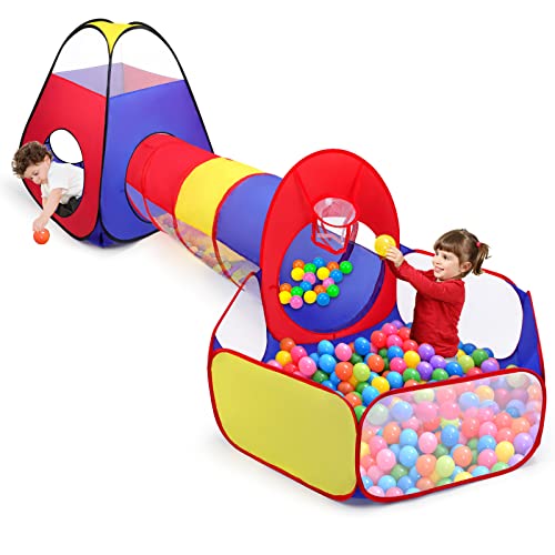 Opret 3 in1 Spielzelt mit Tunnel, Kinderzelt Babyzelt mit Bällebad, Pop-Up Faltbar Krabbeltunnel Spieltunnel Kriechtunnel Tunnel Kinder mit Aufbewahrungstasche, Geburtstagsgeschenk für Kinder von Opret