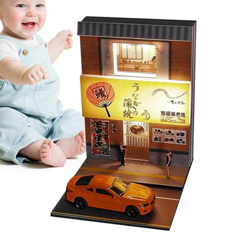 1:64 Simulation Japanese Corner Restaurant, Handmade Doll House, Miniature Houses for Housewarming Decorations, Lighted Architectural Model Toy with Realistic Details von Opvonxeh