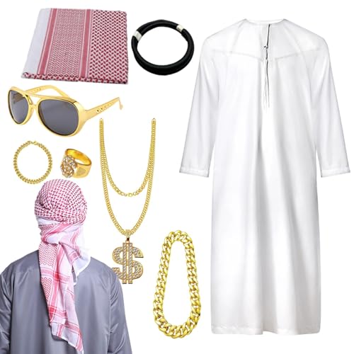 Opvonxeh Arabian Kostüme, Middle Eastern Herren-Outfit mit langem Tunic und Kopfband, traditionelles -Kleidungs-Set, neuartige Attraktivität für Jugendliche, Jugendliche und Erwachsene von Opvonxeh