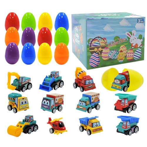 Opvonxeh Prefilled Easter Eggs, Easter Classroom Prize Supplies, Toddler Pull-Back Konstruktionsfahrzeuge, verschiedene Cartoon, lustiges Überraschungsspielzeug, Set für Kinder, Alter 3-8, von Opvonxeh