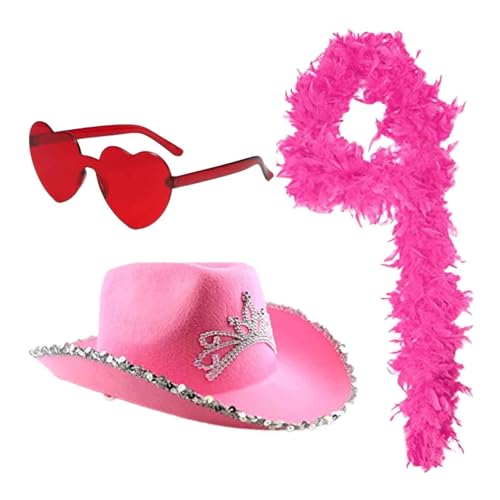 Opvonxeh Rosa Cowgirl-Hut,Cowgirl Kostüm Tiara Krone Herz Sonnenbrille - Hautfreundliche Party-Deko-Kleidung für Disco-Space-Outfit Last Rodeos von Opvonxeh