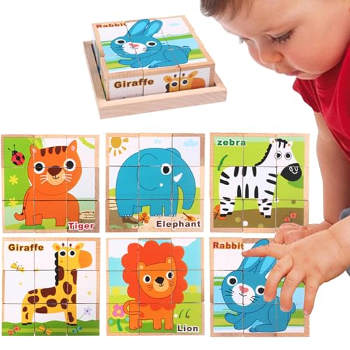 Wooden Cube Puzzle for Toddler, 6 Patterns Puzzle Jigsaw Block, Kids Wooden Educational Puzzle, Holzpuzzle für 3-6 Jahre, Toddler Puzzle und Mädchen, Cube Puzzle für Kinder von Opvonxeh