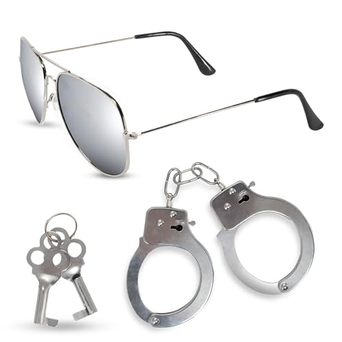 Oramics Handschellen und Polizeibrille für Kinder, Polizei Handschellen aus Edelstahl mit 2 Schlüssel verspiegelte Sonnenbrille für alle Räuber Gangster Spiele Fasching und Karneval (2x Silber) von Oramics