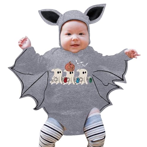 Baby Halloween Kostüm, Lustiges Fledermaus Kapuzen Outfit Set mit Ohrenmütze als Neugeborenes Halloween Kostüme 0-24 Monate, Baby Mädchen Jungen Halloween Fledermaus (03-Light Gray, 12-18 Months) von Orbgons