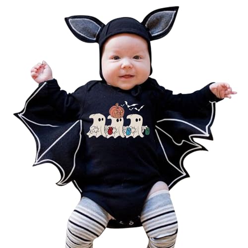 Baby Halloween Kostüm, Lustiges Fledermaus Kapuzen Outfit Set mit Ohrenmütze als Neugeborenes Halloween Kostüme 0-24 Monate, Baby Mädchen Jungen Halloween Fledermaus Strampler (03-Black, 12-18 Months) von Orbgons