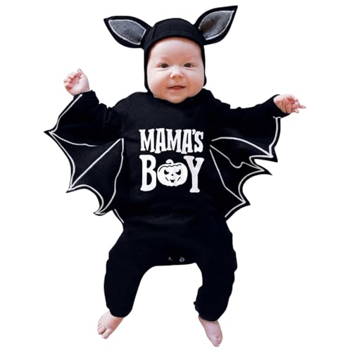 Baby Halloween Kostüm, Lustiges Fledermaus Kapuzen Outfit Set mit Ohrenmütze als Neugeborenes Halloween Kostüme 0-24 Monate, Baby Mädchen Jungen Halloween Fledermaus Strampler (04-Black, 12-18 Months) von Orbgons