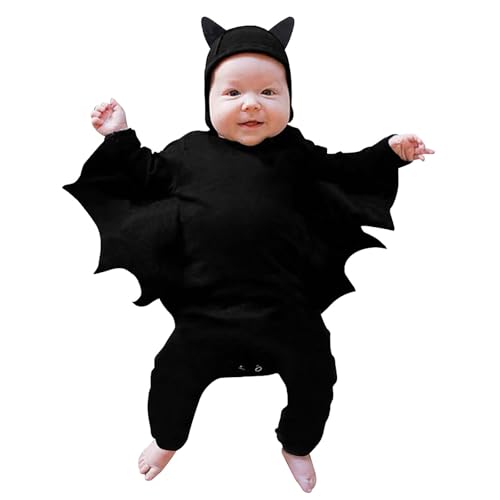 Baby Halloween Kostüm, Lustiges Fledermaus Kapuzen Outfit Set mit Ohrenmütze als Neugeborenes Halloween Kostüme 0-24 Monate, Baby Mädchen Jungen Halloween Fledermaus Strampler (Black-C, 12-18 Months) von Orbgons