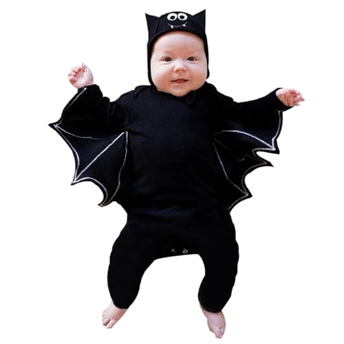 Baby Halloween Kostüm, Lustiges Fledermaus Kapuzen Outfit Set mit Ohrenmütze als Neugeborenes Halloween Kostüme 0-24 Monate, Baby Mädchen Jungen Halloween Fledermaus Strampler (Black-I, 3-6 Months) von Orbgons