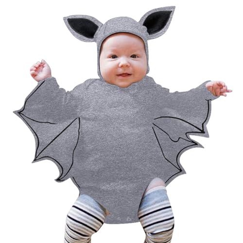 Baby Halloween Kostüm, Lustiges Fledermaus Kapuzen Outfit Set mit Ohrenmütze als Neugeborenes Halloween Kostüme 0-24 Monate, Baby Mädchen Jungen Halloween Fledermaus Strampler (Grey-A, 12-18 Months) von Orbgons