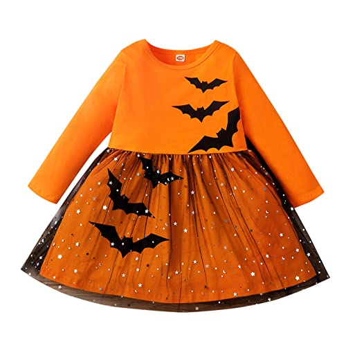 Baby Mädchen Kleid Bat Fledermaus Halloween Kostüm Cosplay Kinder Festlich Kleid Halloween Tüllkleid Kleinkind Baby Mädchen Halloween Langarm Tutu Kleid Spitze Röcke (Orange, 18-24 Months) von Orbgons