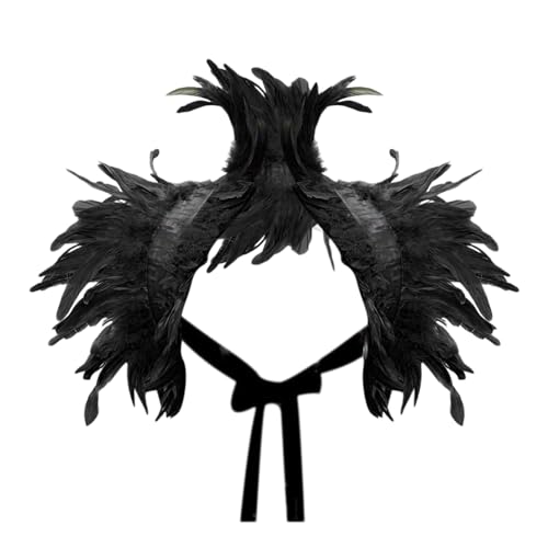 Federkragen Schwarz Spitze, Gothic Kostüm, Feder Cape, Federschal, Federumhang Damen, Feder Achselzucken, Raben Kostüm für Halloween Karneval Cosplay Maskerade KarnevalKostüm (Black, One Size) von Orbgons