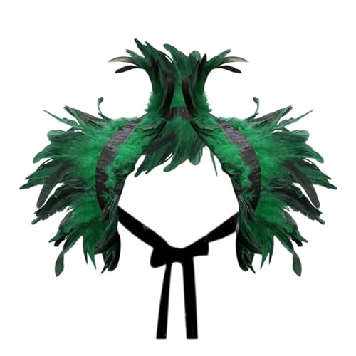 Federkragen Schwarz Spitze, Gothic Kostüm, Feder Cape, Federschal, Federumhang Damen, Feder Achselzucken, Raben Kostüm für Halloween Karneval Cosplay Maskerade KarnevalKostüm (Green, One Size) von Orbgons