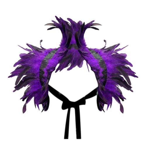 Federkragen Schwarz Spitze, Gothic Kostüm, Feder Cape, Federschal, Federumhang Damen, Feder Achselzucken, Raben Kostüm für Halloween Karneval Cosplay Maskerade KarnevalKostüm (Purple, One Size) von Orbgons