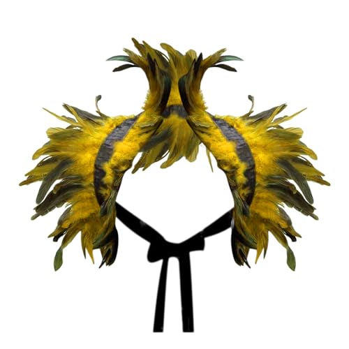 Federkragen Schwarz Spitze, Gothic Kostüm, Feder Cape, Federschal, Federumhang Damen, Feder Achselzucken, Raben Kostüm für Halloween Karneval Cosplay Maskerade KarnevalKostüm (Yellow, One Size) von Orbgons