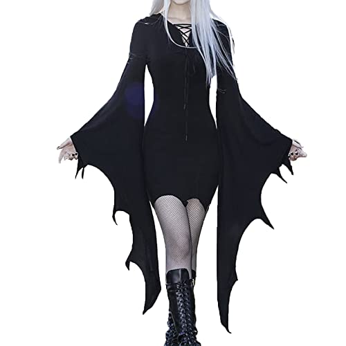 Gothic Kleidung Damen Halloween Kostüm Damen Fledermausärmel Kleider Mittelalte Schwarze Gothic Kleidung Festlich Retro Kleid Minikleid VampirKostüm Hexenkostüm Kostüm Faschingskostüme (01-Black, XL) von Orbgons