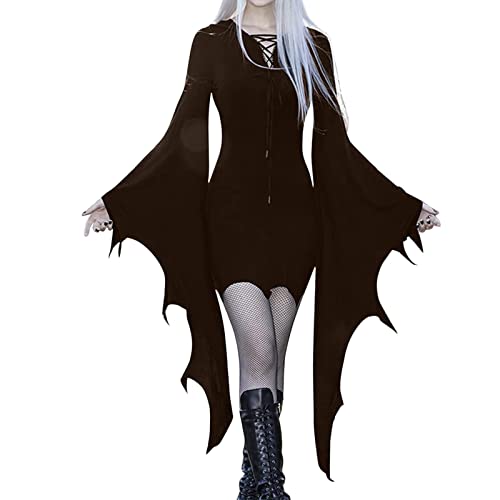 Gothic Kleidung Damen Halloween Kostüm Damen Fledermausärmel Kleider Mittelalte Schwarze Gothic Kleidung Festlich Retro Kleid Minikleid VampirKostüm Hexenkostüm Kostüm Faschingskostüme (Coffee, S) von Orbgons