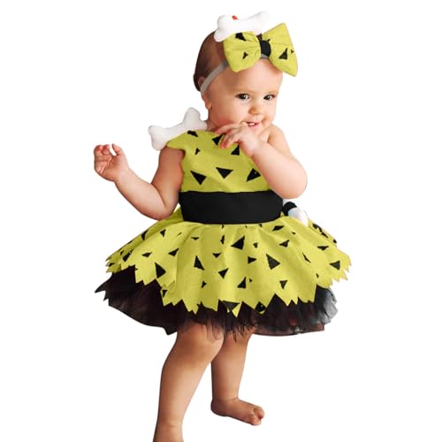 Halloween Caveman Karneval Cosplay, Halloween Kiesel Kostüm Mädchen Jungen, Kleid Kinder Baby Festlich Kleid Halloween Tüllkleid mit Stirnband, Kinder Baby Mädchen Jungen Kostüm Halloween (Yellow, 90) von Orbgons