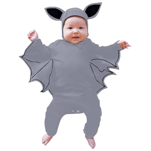 Halloween Fledermaus Kostüm Langarm Strampler Hut, Baby Halloween Kostüm Fledermaus mit Big Ear Hut Cosplay Kostüm Strampler Bodysuit Jumpsuit Sets für neugeborenes Baby Mädchen Jungen (Grey-B, 80) von Orbgons