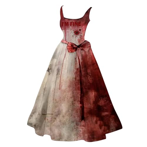 Halloween Kleid Halloween Kostüm, Halloween Kostüm Damen Gruselig Brautkleid Halloween Kleidung Mit Blutigem Aufdruck Lässig Party Rockabilly Cocktailkleid Tunikakleider Schwingen (Brick Red, L) von Orbgons