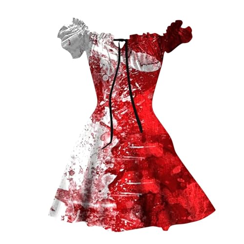 Halloween Kleid Halloween Kostüm für Frauen, Gruselig Brautkleid Halloween Kostüm Damen Mit Blutigem Aufdruck Damen Rockabilly Cocktailkleid Tunikakleider Rundhals Schwingen (01-Watermelon Red, XXXL) von Orbgons