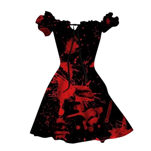 Halloween Kleid Halloween Kostüm für Frauen, Gruselig Brautkleid Halloween Kostüm Damen Mit Blutigem Aufdruck Damen Rockabilly Cocktailkleid Tunikakleider Rundhals Schwingen Gastkleider (Brick Red, S) von Orbgons