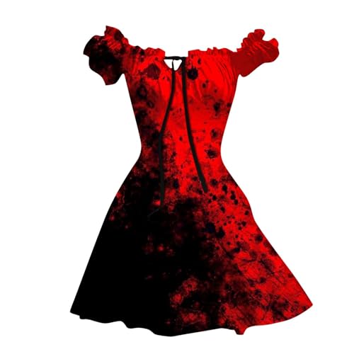 Halloween Kleid Halloween Kostüm für Frauen, Gruselig Brautkleid Halloween Kostüm Damen Mit Blutigem Aufdruck Damen Rockabilly Cocktailkleid Tunikakleider Rundhals Schwingen Gastkleider (XXXL) von Orbgons