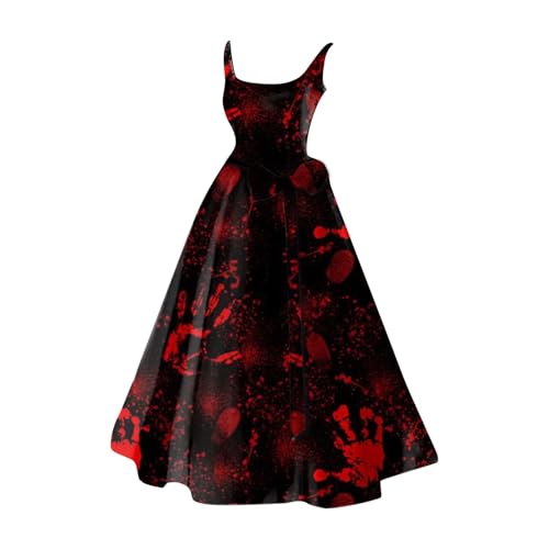 Halloween Kleid Horrorkostüm für Damen, Gruselig Zombiebrautkostüm Damen Damen Halloween Kleidung Mit Blutigem Aufdruck Rockabilly Cocktailkleid Tunikakleider Rundhals Schwingen (1-Brick Red, XXL) von Orbgons