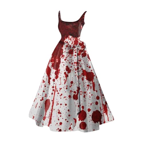 Halloween Kleid Horrorkostüm für Damen, Gruselig Zombiebrautkostüm Damen Damen Halloween Kleidung Mit Blutigem Aufdruck Rockabilly Cocktailkleid Tunikakleider Rundhals Schwingen Gastkleider (White, S) von Orbgons