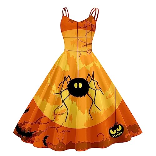 Halloween Kleid Kostüm Für Frauen, Halloween Kostüm Damen Gruselig Brautkleid Damen Halloween Kleidung Mit VerrückterKürbis Druck Party Halloween Kleid Kostüm Cocktailkleid Halloween (Orange, XXL) von Orbgons