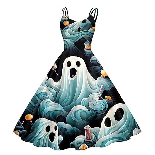 Halloween Kleid Kostüm Für Frauen, Halloween Kostüm Damen Gruselig Brautkleid Damen Halloween Kleidung Mit VerrückterKürbis Druck Party Halloween Kleid Kostüm Cocktailkleid Halloween (Sky Blue, L) von Orbgons