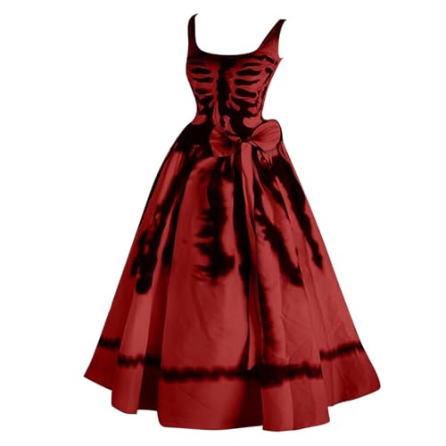 Halloween Kleid Kostüm für Damen, Gruselig Zombiebrautkostüm Damen Halloween Kostüm Damen Mit Blutigem Aufdruck Damen Rockabilly Cocktailkleid Tunikakleider Rundhals Schwingen (Watermelon Red-e, XXL) von Orbgons