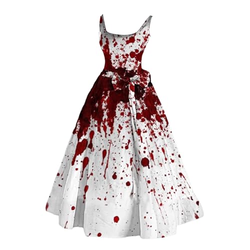 Halloween Kleid Kostüm für Damen, Gruselig Zombiebrautkostüm Damen Halloween Kostüm Damen Mit Blutigem Aufdruck Damen Rockabilly Cocktailkleid Tunikakleider Rundhals Schwingen Gastkleider (Red, M) von Orbgons