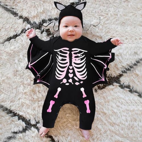 Halloween Kostüm Babys Kleinkinder Fledermaus Halloween Kostüm, Halloween Baby Fledermaus Kostüm, Baby Langarm Fledermaus Strampler Overall mit Hut, Baby Kleidungsset Gruseliges (Black-C, 0-3 Months) von Orbgons