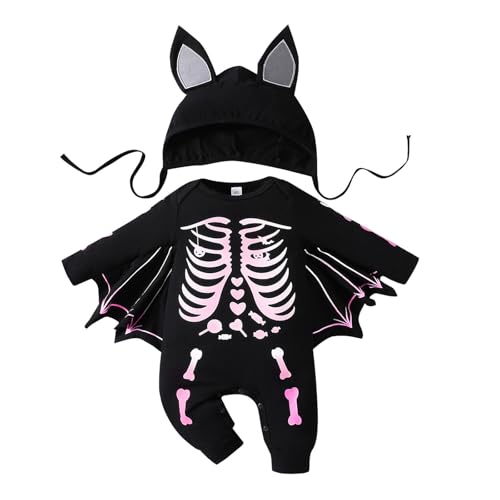 Halloween Kostüm Babys Kleinkinder Fledermaus Halloween Kostüm, Halloween Baby Fledermaus Kostüm, Baby Langarm Fledermaus Strampler Overall mit Hut, Baby Kleidungsset Gruseliges (Black-C, 3-6 Months) von Orbgons