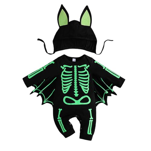 Halloween Kostüm Babys Kleinkinder Fledermaus Halloween Kostüm, Halloween Baby Fledermaus Kostüm, Baby Langarm Fledermaus Strampler Overall mit Hut, Baby Kleidungsset Gruseliges (Green, 6-12 Months) von Orbgons