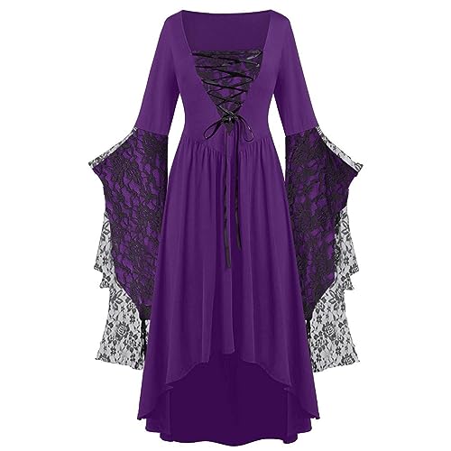 Halloween Kostüm Damen Gothic Kleid KurzMittelalter Gebundene Taille Kleider Erwachsene Schwarz VampirKleid Renaissancen Gotisch Minikleid Trompetenärmel Kleid Schwarz für Halloween (Purple, XXXXL) von Orbgons