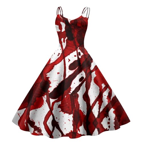 Halloween Kostüm Damen Gruselig, Gruselig Zombiebrautkostüm Damen Damen Halloween Kleidung Mit Blutigem Aufdruck Rockabilly Cocktailkleid Tunikakleider Rundhals Schwingen Gastkleider (Brick Red-1, M) von Orbgons