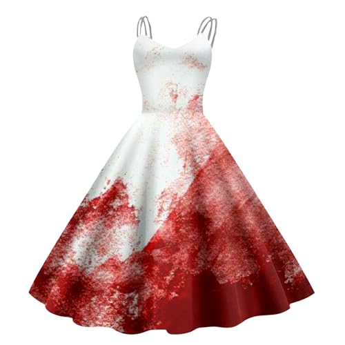 Halloween Kostüm Damen Gruselig, Gruselig Zombiebrautkostüm Damen Damen Halloween Kleidung Mit Blutigem Aufdruck Rockabilly Cocktailkleid Tunikakleider Rundhals Schwingen Gastkleider (White, XXL) von Orbgons