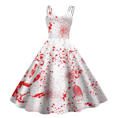 Halloween Kostüm Damen Gruselig, Gruselig Zombiebrautkostüm Damen Damen Halloween Kleidung Mit Blutigem Aufdruck Rockabilly Cocktailkleid Tunikakleider Rundhals Schwingen Gastkleider (White-1, XL) von Orbgons