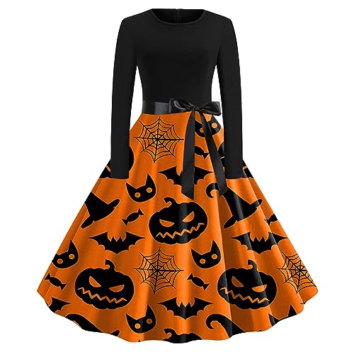 Halloween Kostüm Damen Gruselig, Halloween Kostüm Damen Gruselig Brautkleid Halloween Kleidung Mit Fledermaus-Druck Lässig Party Elegant Brautkleid Rundhals Langarm Aufdruck Halloween (Orange, XL) von Orbgons