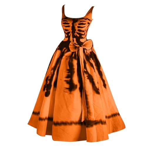 Halloween Kostüm Damen Gruselig Brautkleid Halloween Kleidung Mit Blutigem Aufdruck Lässig Party Rockabilly Cocktailkleid Tunikakleider Schwingen Gastkleider (Orange, L) von Orbgons