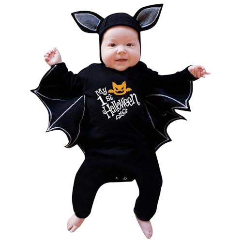 Halloween Kostüm Kinder, Fledermaus Langarm Hut Hosen Karneval Kostüm Strampler Halloween Kostüm Baby Einteiler Jumpsuits Strampler Set Für Halloween Cosplay Neugeborenes (Z3-Black, 6-12 Months) von Orbgons